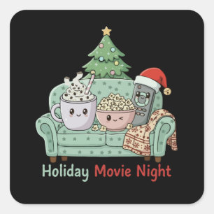 Pegatina Cuadrada Noche de película navideña Kawaii adorable   Festi