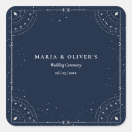 Pegatina Cuadrada Noche estrellada Boda celestial Azul marino Elegan