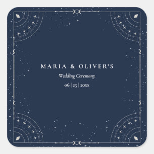 Pegatina Cuadrada Noche estrellada Boda celestial Azul marino Elegan