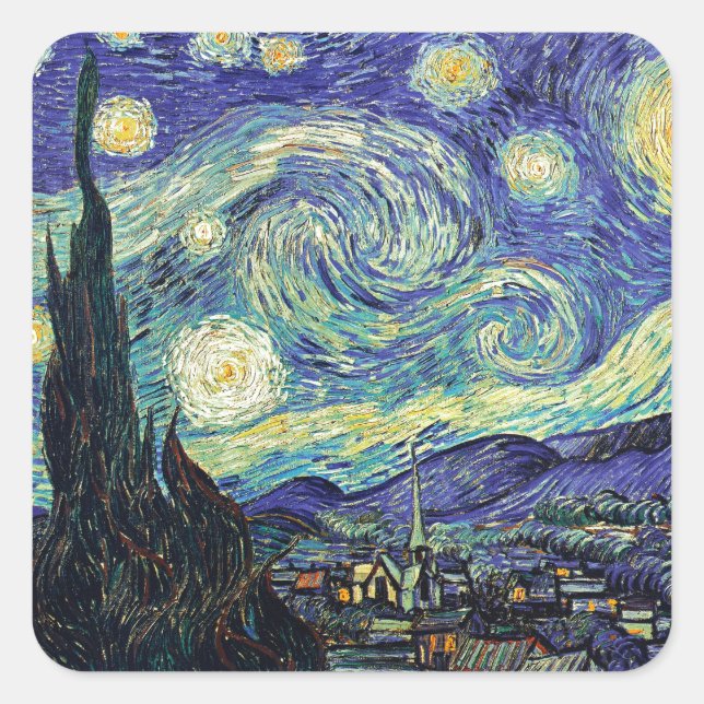 Pegatina Cuadrada Noche estrellada de van Gogh (Anverso)