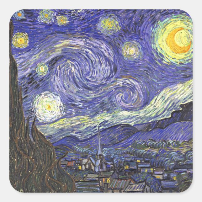 Pegatina Cuadrada Noche estrellada de Vincent van Gogh (Anverso)