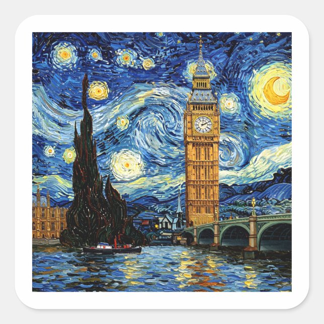 Pegatina Cuadrada Noche estrellada Gran Ben Londres Inglaterra (Anverso)