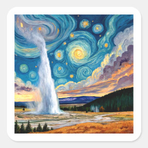 Pegatina Cuadrada Noche estrellada Old Faithful Parque Yellowstone