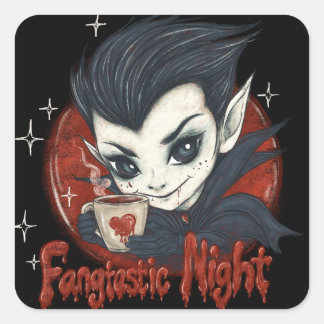 Pegatina Cuadrada Noche fantástica. Vampiro lindo con una taza de ca