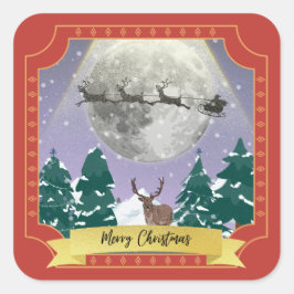 Pegatina Cuadrada Noche navideña moderna y vintage con renos de Sant