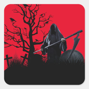 Pegatina Cuadrada Noche Roja Halloween Grim Reaper