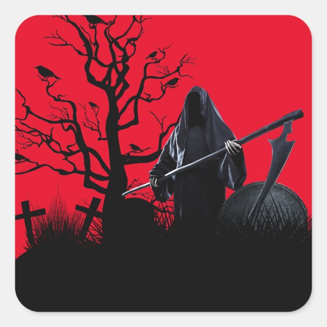 Pegatina Cuadrada Noche Roja Halloween Grim Reaper (Anverso)