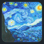 Pegatina Cuadrada Noche Van Gogh Starry<br><div class="desc">Pegatinas con la pintura al óleo de Vincent van Gogh La noche estrellada (1889). Inspirado por su estancia en un asilo,  el arte representa un pueblo bajo un cielo nocturno de estrellas y luna azul y amarilla. Un gran regalo para los aficionados al post-impresionismo y al arte holandés.</div>