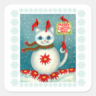 Pegatina Cuadrada Nochebuena Gato de Nieve Cardenal Poinsettia Muñec