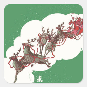 Pegatina Cuadrada Nochebuena vintage, Santa Claus retro en Sleigh