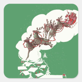Pegatina Cuadrada Nochebuena vintage, Santa Claus retro en Sleigh