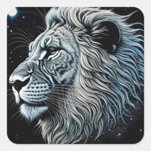 Pegatina Cuadrada Nocturna de León Celestial Sky Ai Art