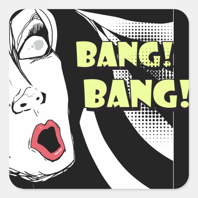 Pegatina Cuadrada Noir historietas estilo mujer asustada - bang bang (Anverso)