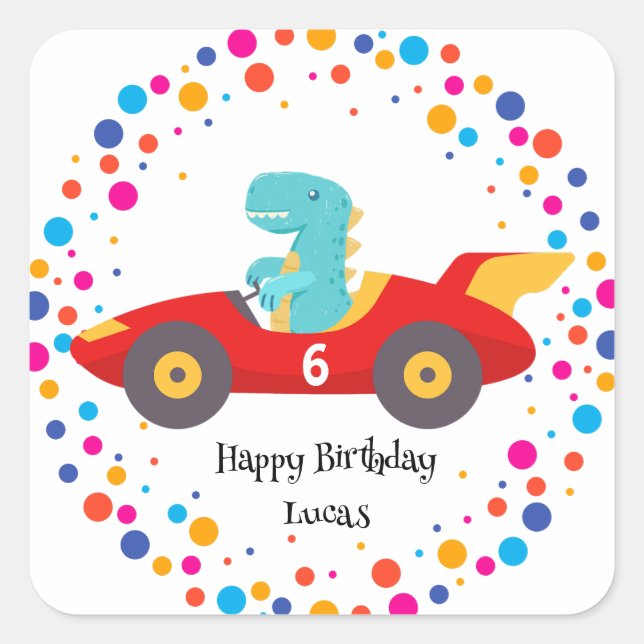 Pegatina Cuadrada Nombramiento del niño de carreras rojas de Dinosau (Anverso)