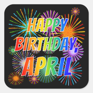 Pegatina Cuadrada Nombre "ABRIL", Diversión "FELIZ CUMPLEAÑOS"