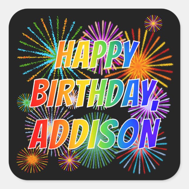 Pegatina Cuadrada Nombre "ADDISON", Diversión "FELIZ CUMPLEAÑOS" (Anverso)