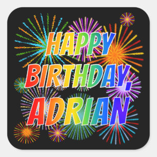 Pegatina Cuadrada Nombre "ADRIAN", Diversión "FELIZ CUMPLEAÑOS"