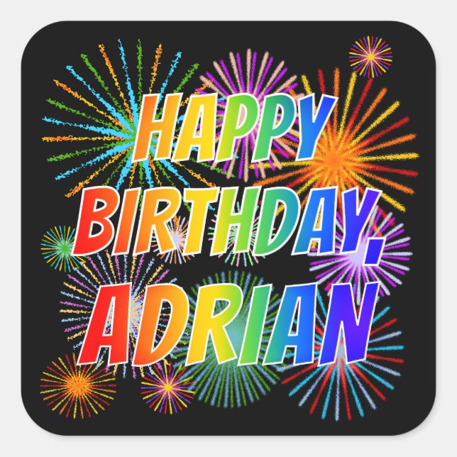 Pegatina Cuadrada Nombre "ADRIAN", Diversión "FELIZ CUMPLEAÑOS" (Anverso)