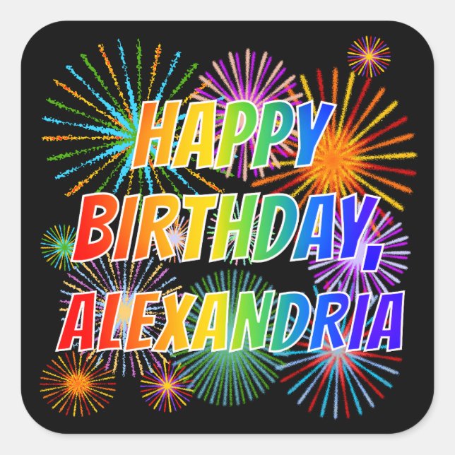 Pegatina Cuadrada Nombre "ALEXANDRIA", Diversión "FELIZ CUMPLEAÑOS" (Anverso)