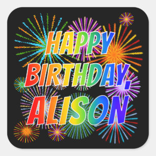 Pegatina Cuadrada Nombre "ALISON", diversión "FELIZ CUMPLEAÑOS"