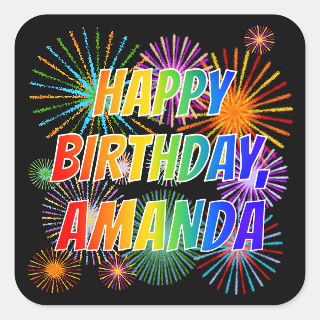 Pegatina Cuadrada Nombre "AMANDA", Diversión "FELIZ CUMPLEAÑOS" (Anverso)