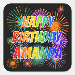 Pegatina Cuadrada Nombre "AMANDA", Diversión "FELIZ CUMPLEAÑOS"