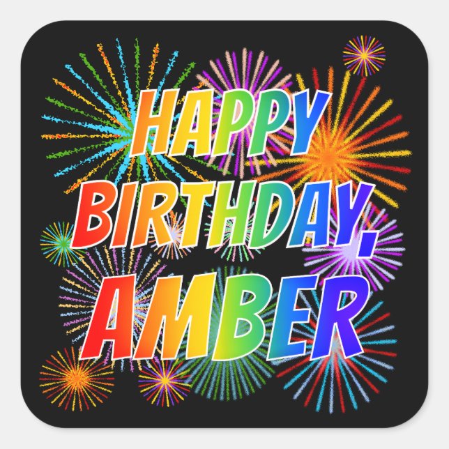 Pegatina Cuadrada Nombre "AMBER", Diversión "FELIZ CUMPLEAÑOS" (Anverso)