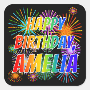 Pegatina Cuadrada Nombre "AMELIA", divertido "cumpleaños feliz"