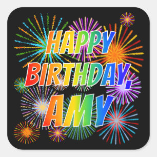 Pegatina Cuadrada Nombre "AMY", Diversión "FELIZ CUMPLEAÑOS"