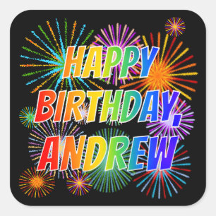 Pegatina Cuadrada Nombre "ANDREW", Diversión "FELIZ CUMPLEAÑOS"