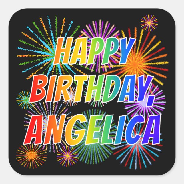 Pegatina Cuadrada Nombre "ANGELICA", Divertido "CUMPLEAÑOS FELIZ" (Anverso)