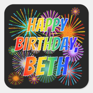 Pegatina Cuadrada Nombre "BETH", Divertido "FELIZ CUMPLEAÑOS"