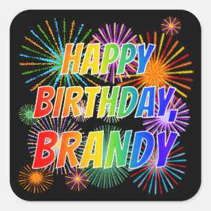 Pegatina Cuadrada Nombre "BRANDY", Diversión "FELIZ CUMPLEAÑOS"