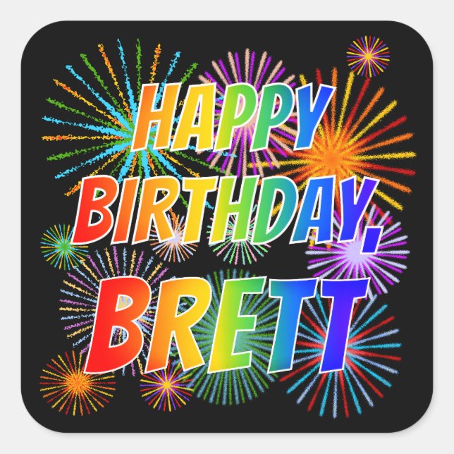 Pegatina Cuadrada Nombre "BRETT", Diversión "FELIZ CUMPLEAÑOS" (Anverso)