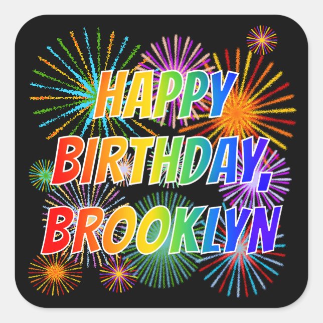 Pegatina Cuadrada Nombre "BROOKLYN", diversión "FELIZ CUMPLEAÑOS" (Anverso)