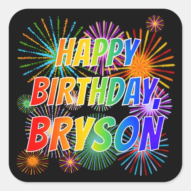 Pegatina Cuadrada Nombre "BRYSON", divertido "CUMPLEAÑOS FELIZ" (Anverso)