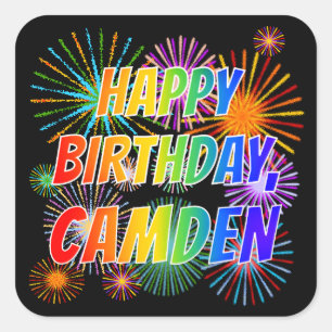 Pegatina Cuadrada Nombre "CAMDEN", diversión "FELIZ CUMPLEAÑOS"
