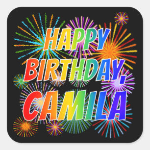 Pegatina Cuadrada Nombre "CAMILA", diversión "FELIZ CUMPLEAÑOS"