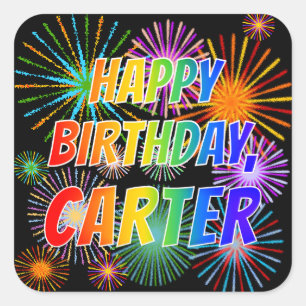 Pegatina Cuadrada Nombre "CARTER", diversión "FELIZ CUMPLEAÑOS"