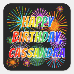 Pegatina Cuadrada Nombre "CASSANDRA", diversión "FELIZ CUMPLEAÑOS"