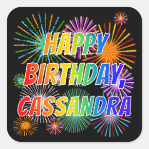 Pegatina Cuadrada Nombre "CASSANDRA", Divertido "FELIZ CUMPLEAÑOS"