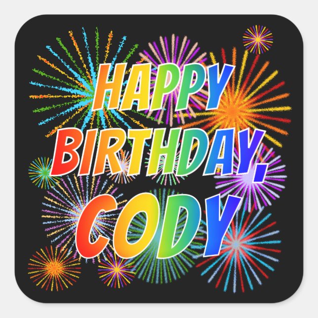Pegatina Cuadrada Nombre "CODY", Diversión "FELIZ CUMPLEAÑOS" (Anverso)