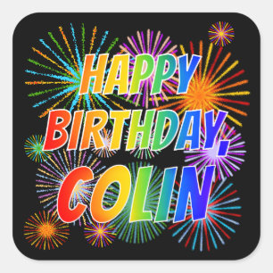 Pegatina Cuadrada Nombre "COLIN", diversión "FELIZ CUMPLEAÑOS"