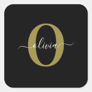 Pegatina Cuadrada Nombre con inicial personalizada en guión negro bl