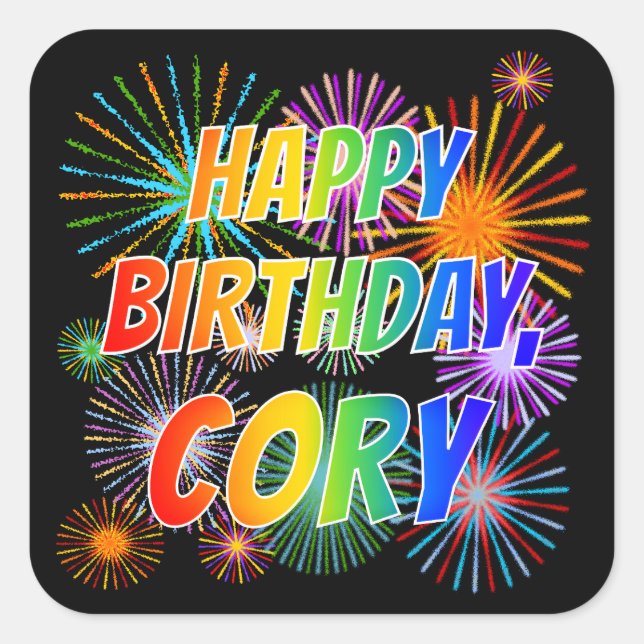 Pegatina Cuadrada Nombre "CORY", diversión "FELIZ CUMPLEAÑOS" (Anverso)