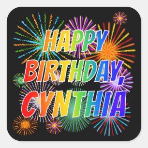 Pegatina Cuadrada Nombre "CYNTHIA", Diversión "FELIZ CUMPLEAÑOS"