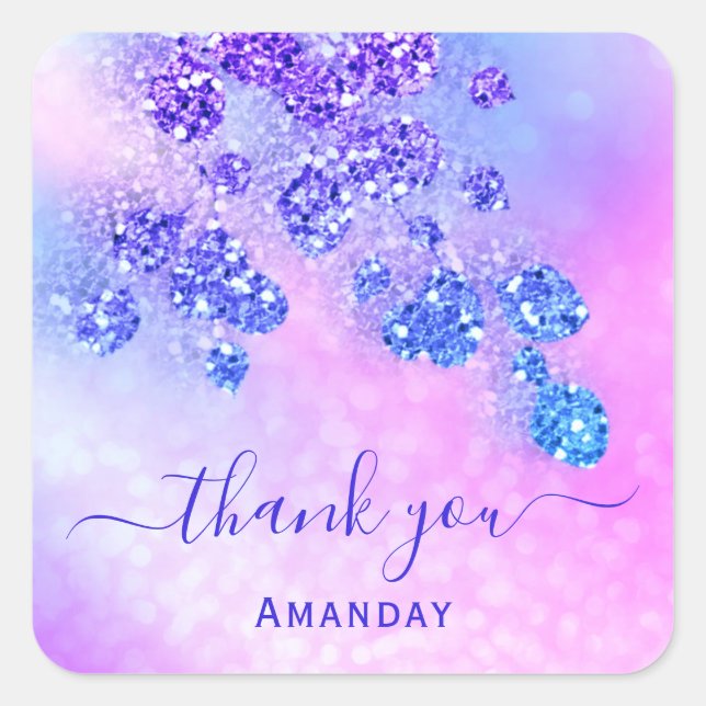 Pegatina Cuadrada Nombre de Agradecimiento Holográfico Rosa Azul Rea (Anverso)