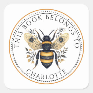 Pegatina Cuadrada Nombre de biblioteca de abeja floral personalizada