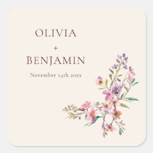 Pegatina Cuadrada Nombre de boda boho de flor silvestre rosa morado