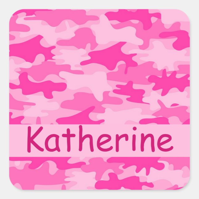 Pegatina Cuadrada Nombre de camuflaje rosa de camo personalizado (Anverso)